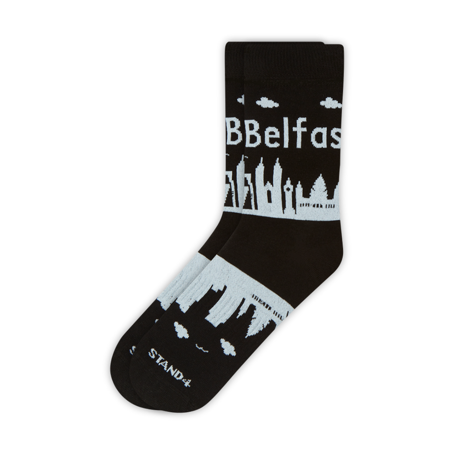 Black Belfast Skyline cotton crew sock with white city landmarks | Stand4 Socks