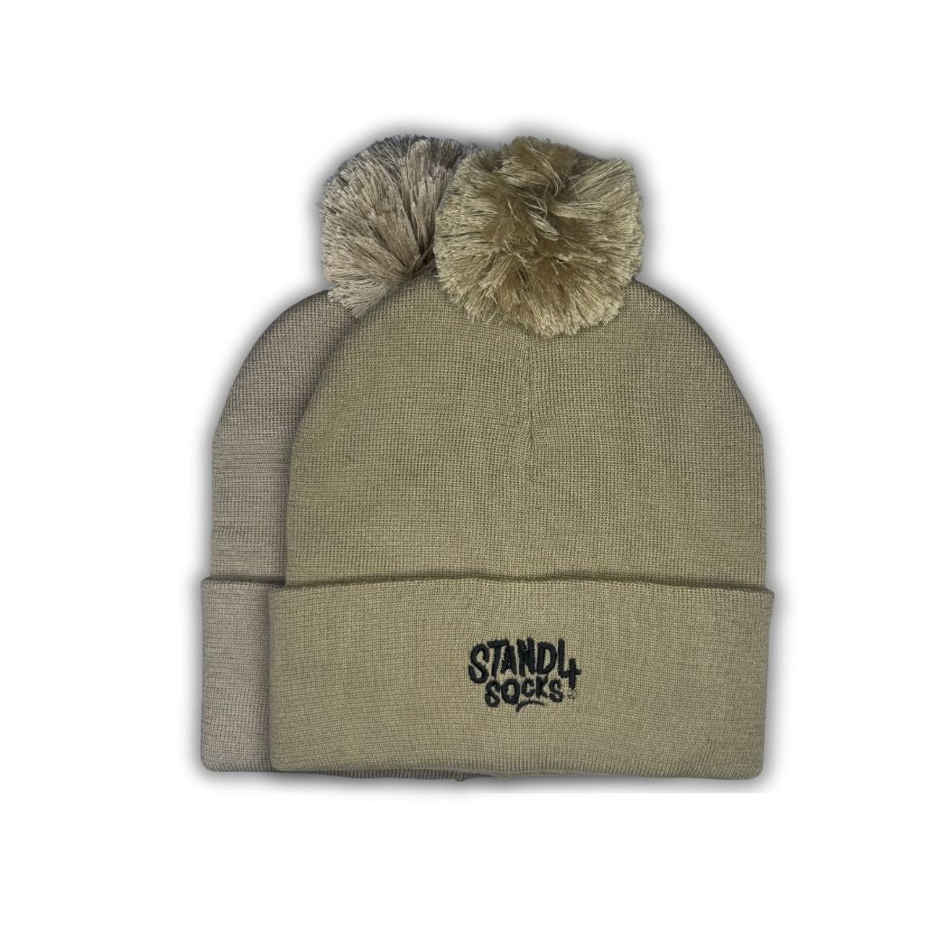 Stand4 Jacquard Beige Beanie with Pompom and Patch