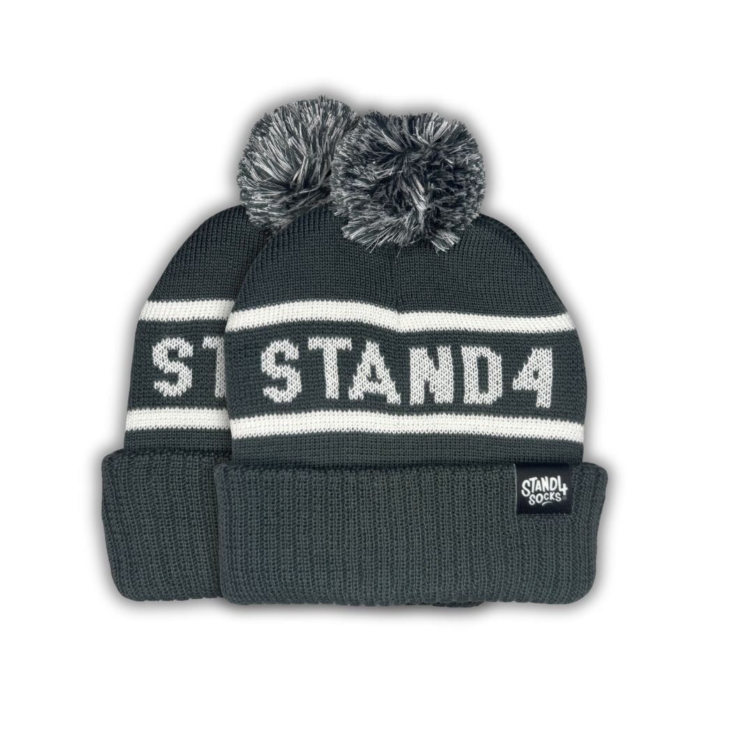 Stand4 Jacquard Grey Beanie with Pompom and Patch
