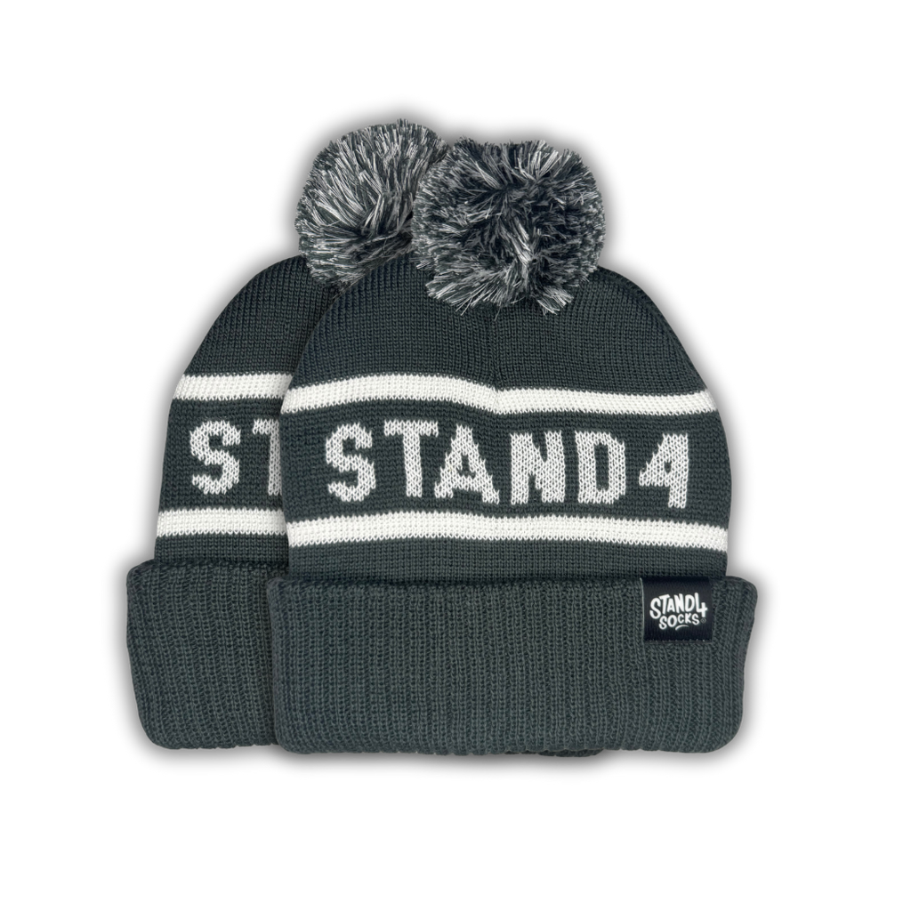 Stand4 Jacquard Grey Beanie with Pompom and Patch – Stand4 Socks