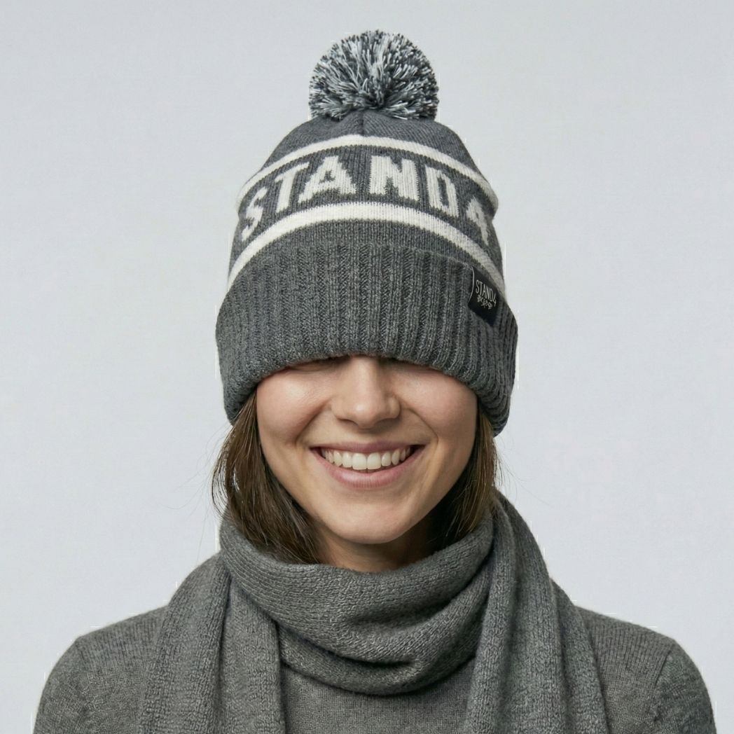 Stand4 Jacquard Grey Beanie with Pompom and Patch – Stand4 Socks