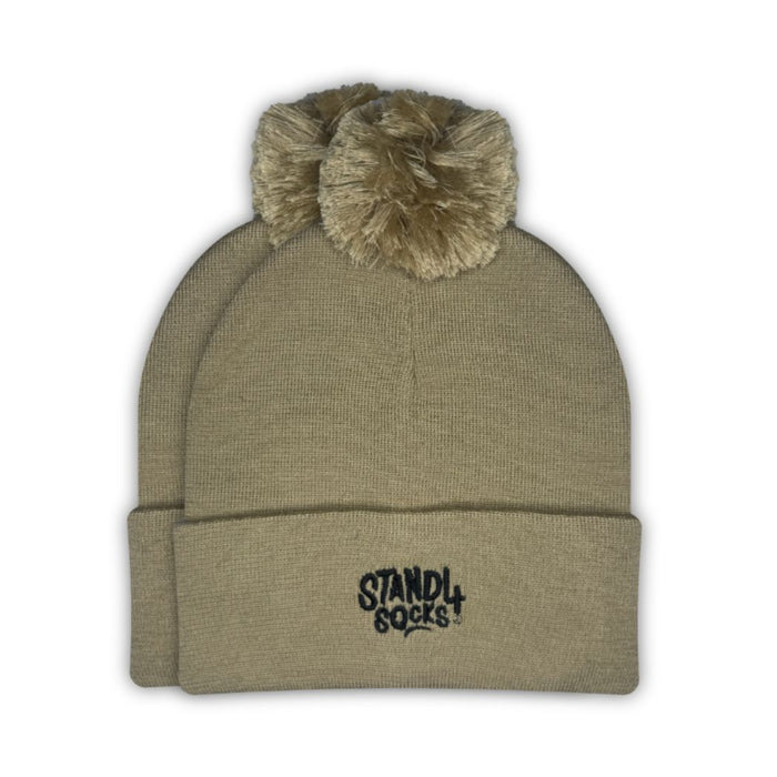 Stand4 Jacquard Beige Beanie with Pompom and Patch