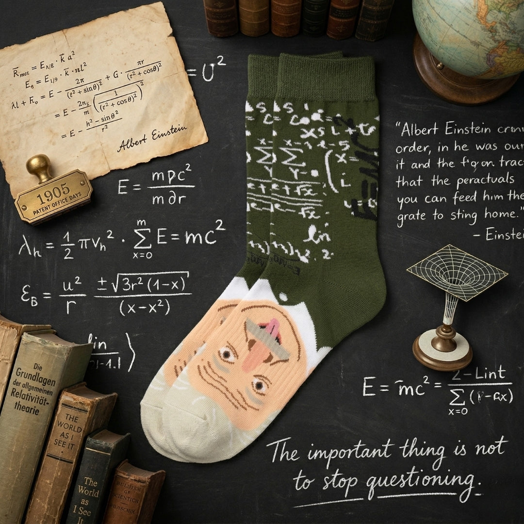 Albert Einstein sock displayed with equations, science books and models | Stand4 Socks