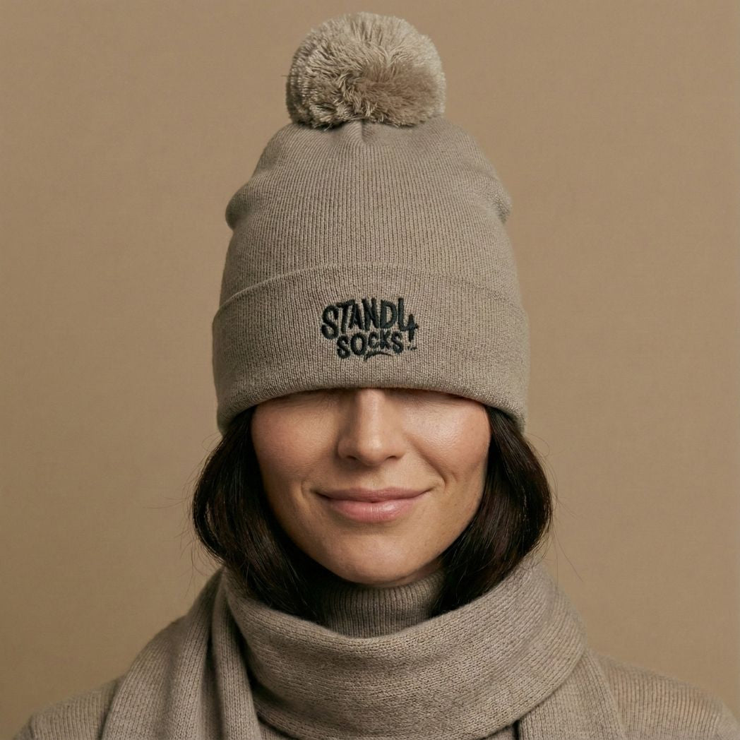 Stand4 Jacquard Beige Beanie with Pompom and Patch
