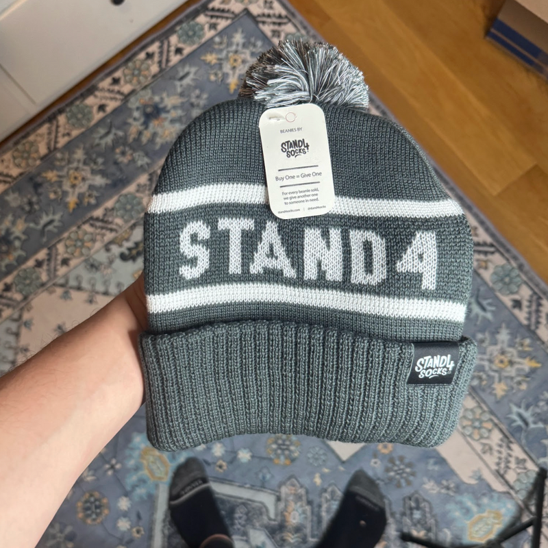 Stand4 Jacquard Grey Beanie with Pompom and Patch