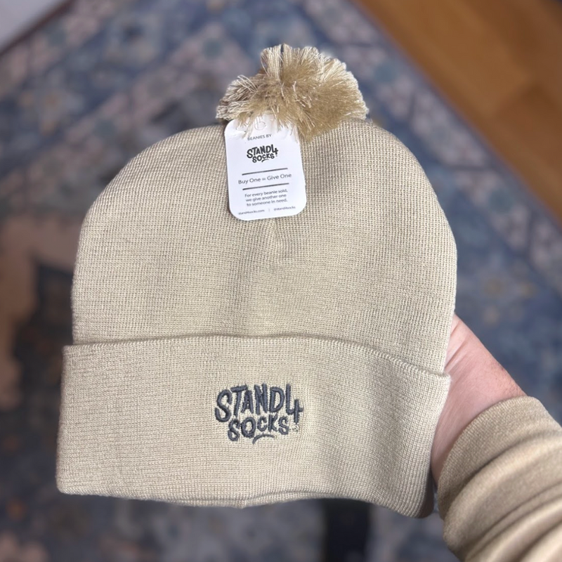 Stand4 Jacquard Beige Beanie with Pompom and Patch