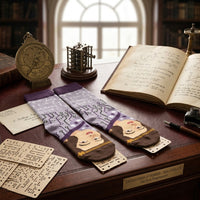 Purple Ada Lovelace socks on a Victorian desk with equations, punch cards and mechanical models | Stand4 Socks