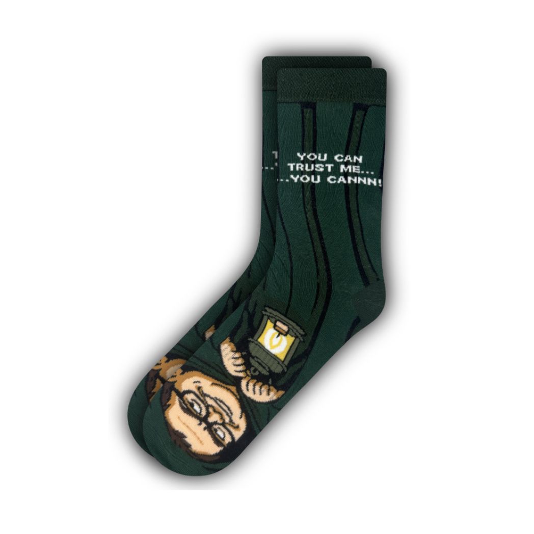 Dark green Alan Carr Traitors cotton crew sock with portrait and quote | Stand4 Socks