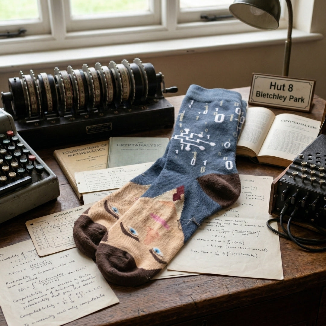 Alan Turing sock on a Bletchley Park desk with codebreaking machines and documents | Stand4 Socks