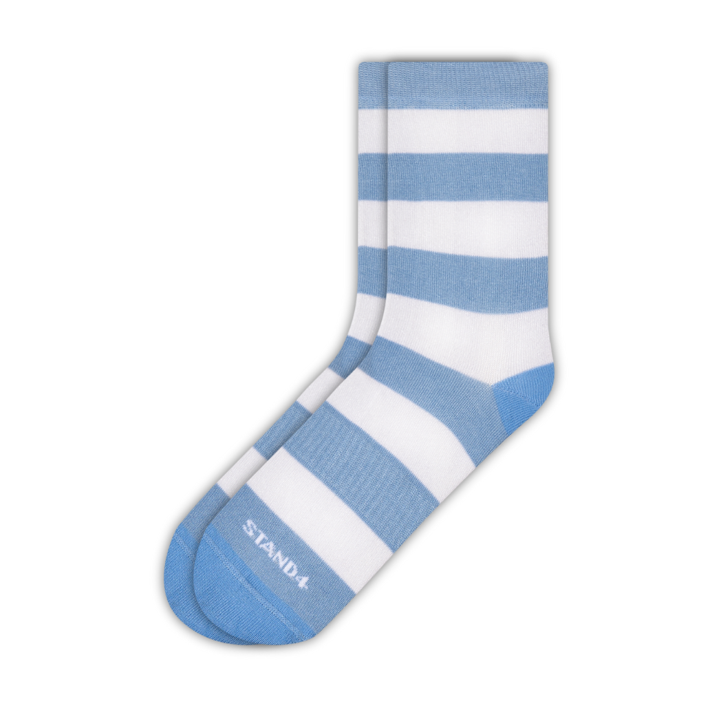 Baby blue and white striped bamboo crew sock on a white background | Stand4 Socks