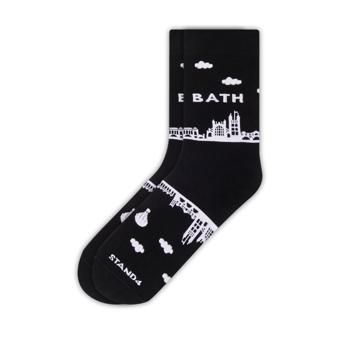 Black Bath Skyline cotton crew sock with white city landmarks | Stand4 Socks