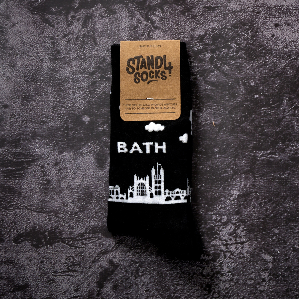 Bath Skyline cotton crew socks in gift packaging | Stand4 Socks buy one, give one to someone homeless