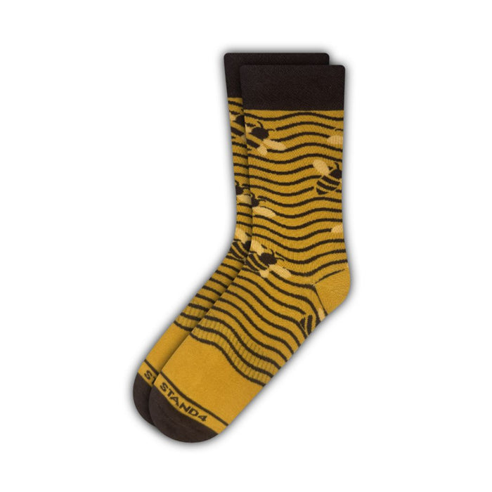 Yellow and black Bee Lines cotton crew sock with wavy bee pattern | Stand4 Socks