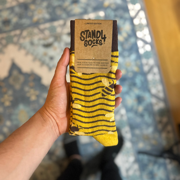 Bee Lines cotton crew socks in gift packaging | Stand4 Socks buy one, give one to someone homeless
