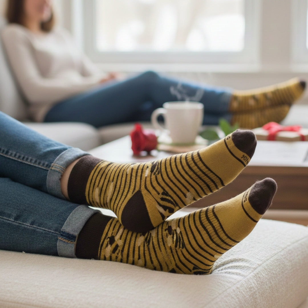 Yellow Bee Lines socks worn while relaxing on a sofa | Stand4 Socks