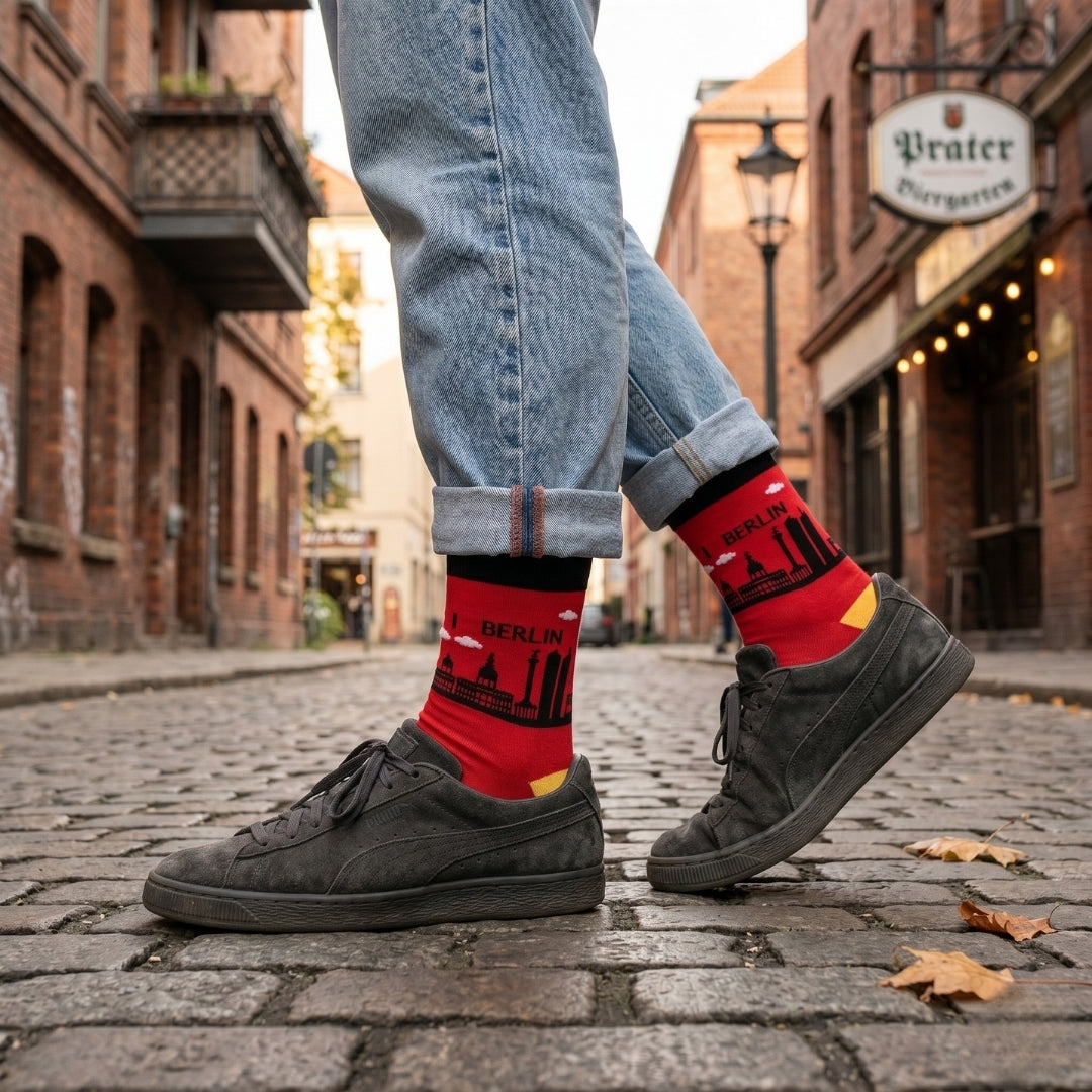 Red Berlin Skyline socks worn with black shoes on a cobbled city street | Stand4 Socks