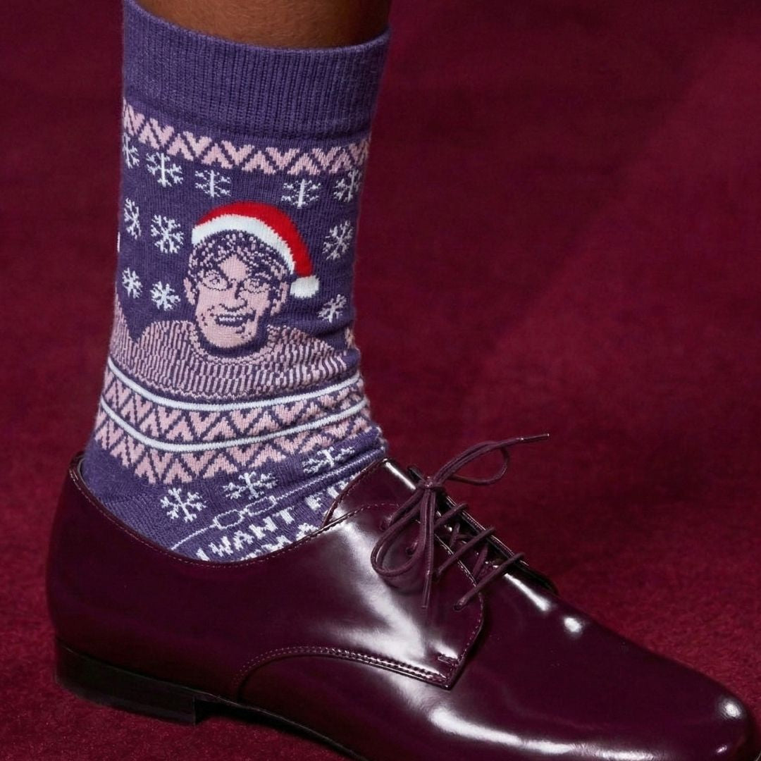 Purple Christmas Theroux sock worn with a burgundy leather shoe | Stand4 Socks
