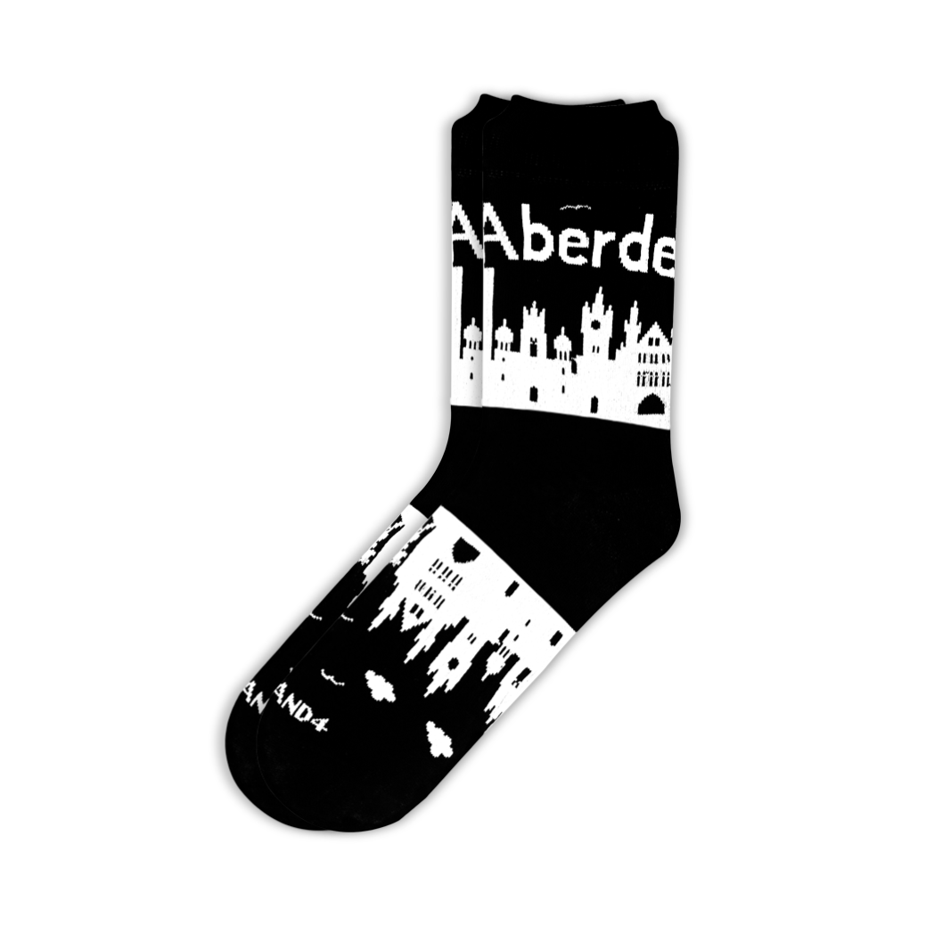 Aberdeen Skyline cotton crew sock in black with white city landmarks | Stand4 Socks