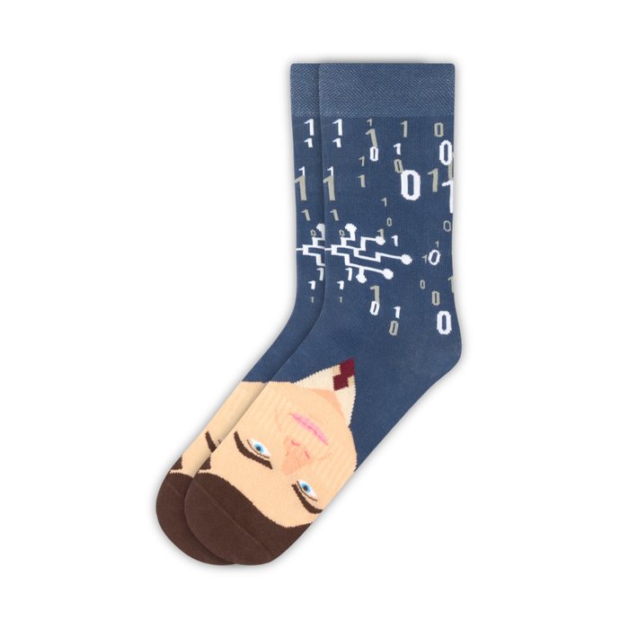 Navy Alan Turing cotton crew sock with portrait, binary code and circuit design | Stand4 Socks