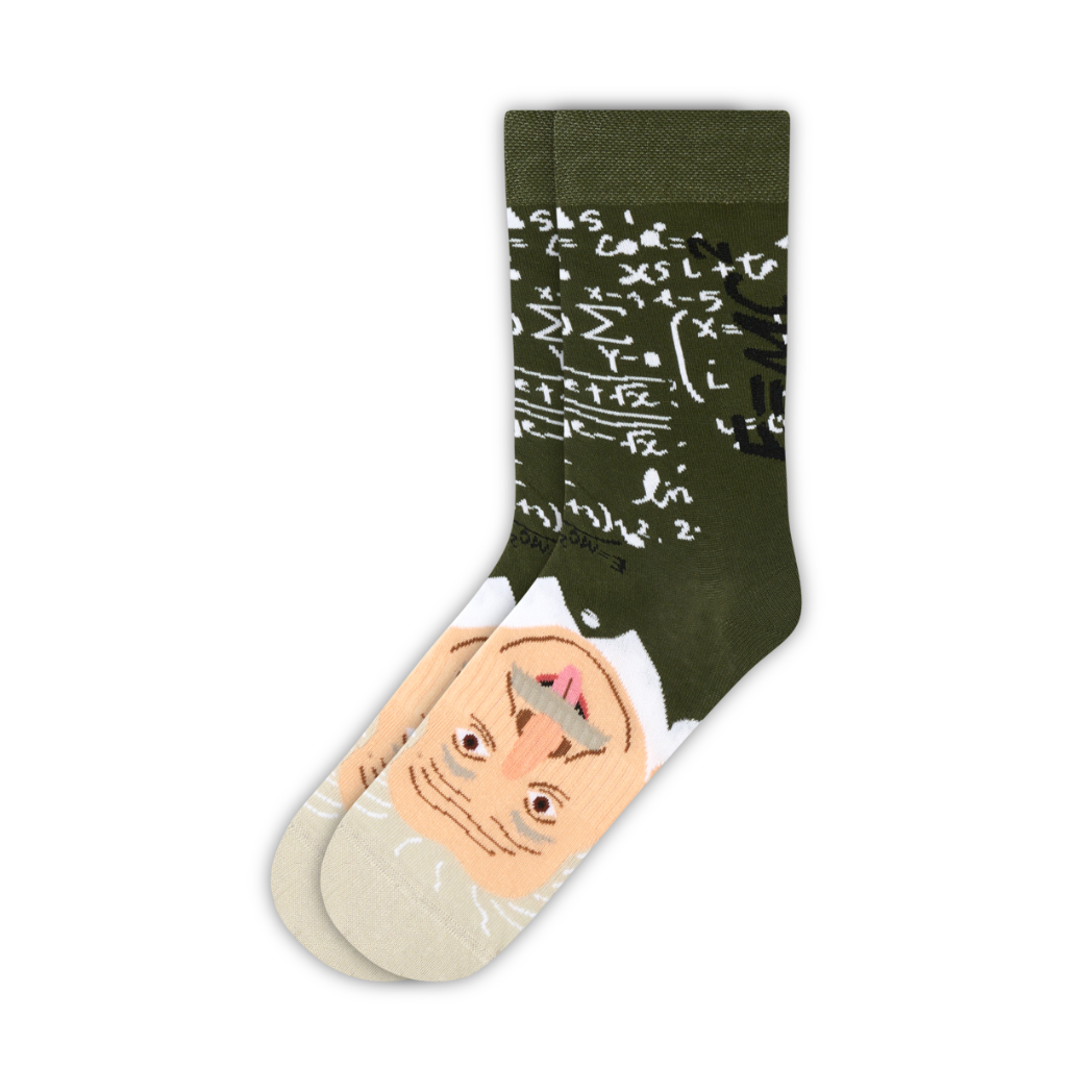 Green Albert Einstein cotton crew sock with portrait and mathematical equations | Stand4 Socks