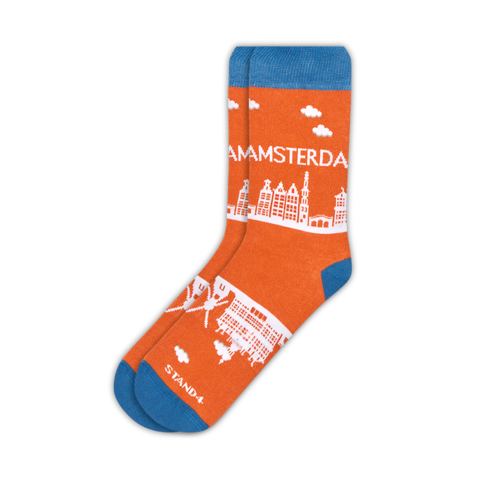 Orange and blue Amsterdam Skyline cotton crew sock with canal landmarks | Stand4 Socks