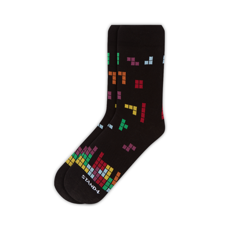 Black Arcade Game Block cotton crew sock with colourful falling blocks | Stand4 Socks