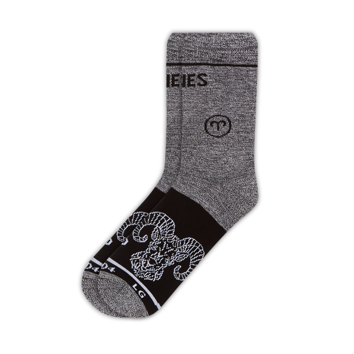Grey and black Aries Zodiac cotton crew sock with ram and zodiac symbols | Stand4 Socks