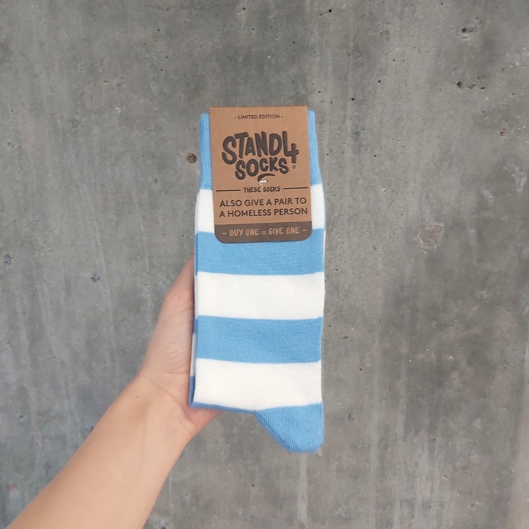 Baby Blue bamboo crew socks in gift packaging | Stand4 Socks buy one, give one to someone homeless