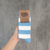 Baby Blue bamboo crew socks in gift packaging | Stand4 Socks buy one, give one to someone homeless