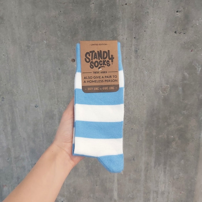 Baby Blue bamboo crew socks in gift packaging | Stand4 Socks buy one, give one to someone homeless