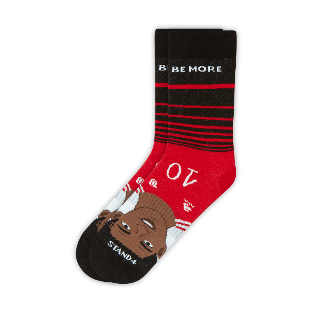 Red and black Be More Rashford cotton crew sock with Marcus Rashford portrait | Stand4 Socks