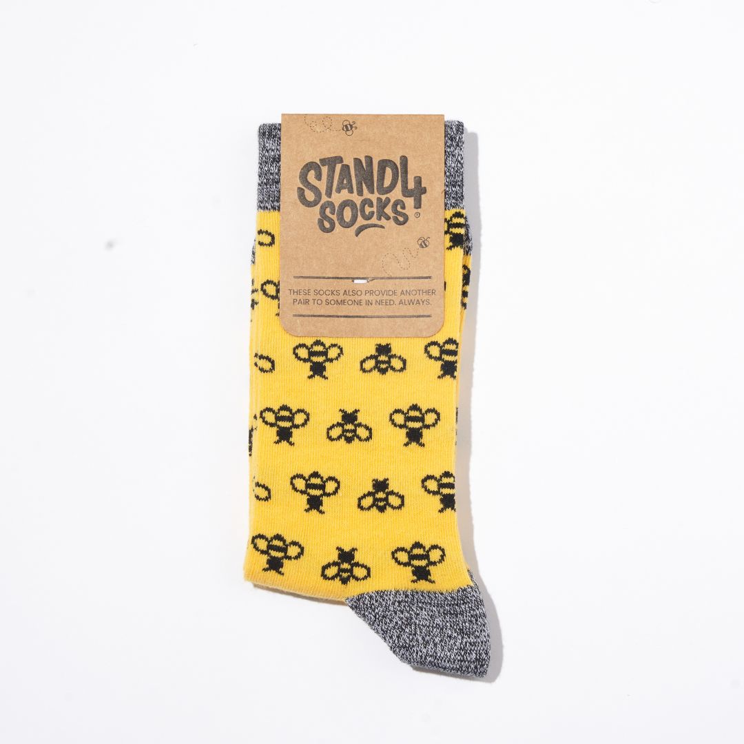 Bee cotton crew socks in gift packaging | Stand4 Socks buy one, give one to someone homeless