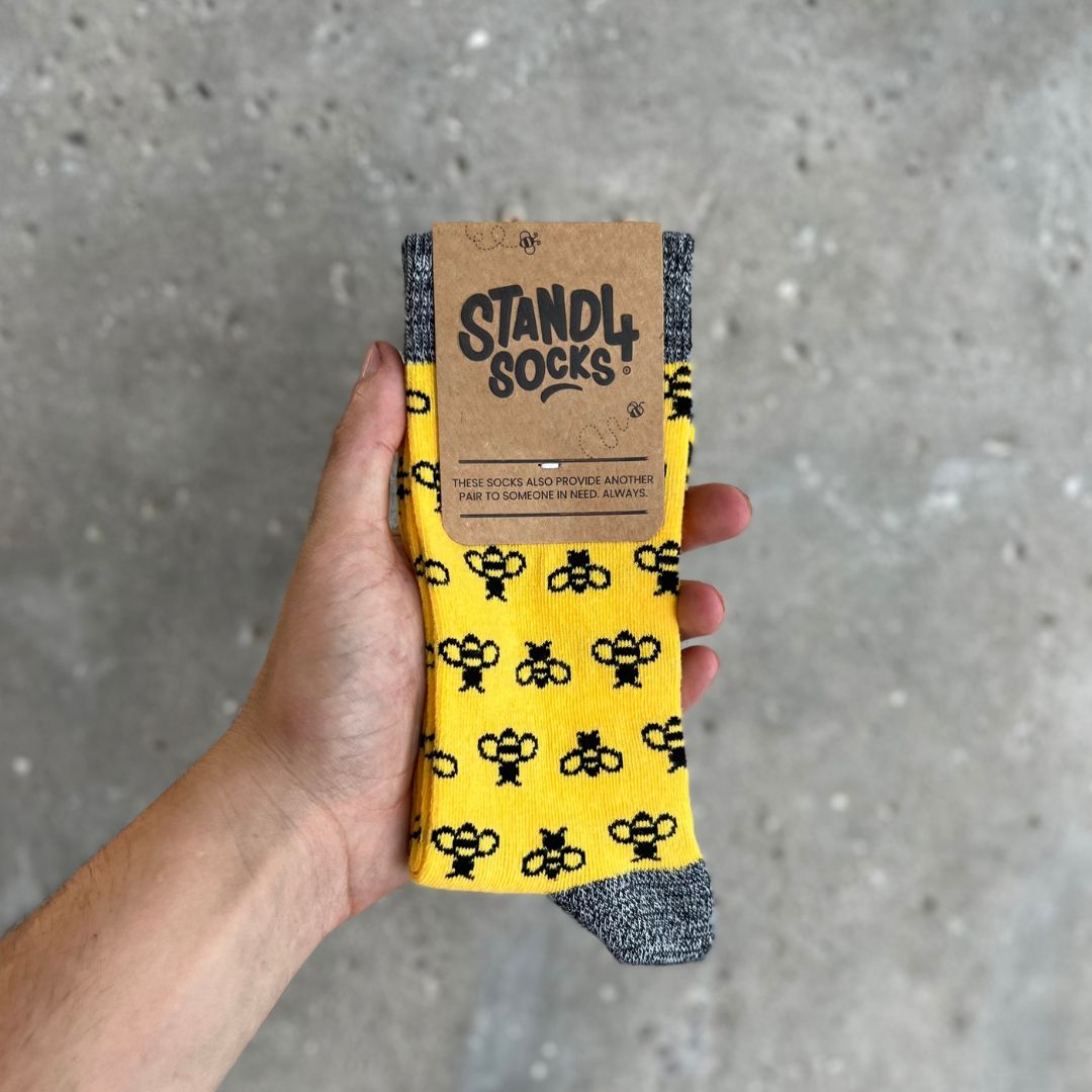 Bee cotton crew socks in gift packaging | Stand4 Socks buy one, give one to someone homeless