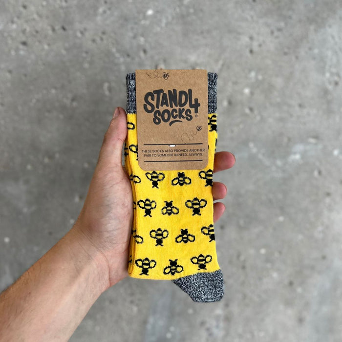 Bee cotton crew socks in gift packaging | Stand4 Socks buy one, give one to someone homeless