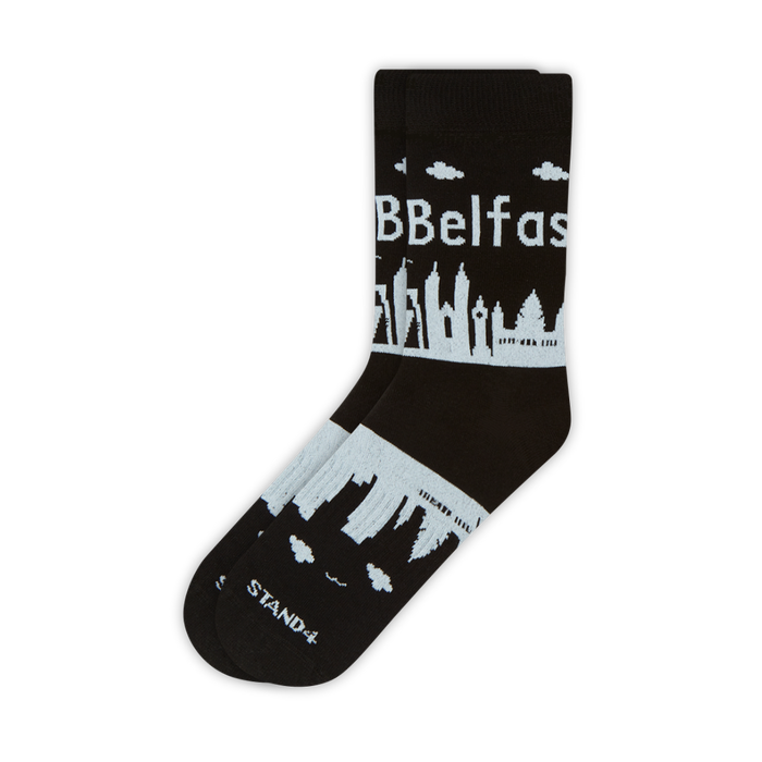 Black Belfast Skyline cotton crew sock with white city landmarks | Stand4 Socks