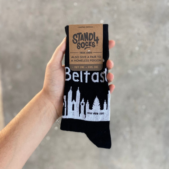 Belfast Skyline cotton crew socks in gift packaging | Stand4 Socks buy one, give one to someone homeless