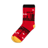 Red and black Berlin Skyline cotton crew sock with yellow toe | Stand4 Socks