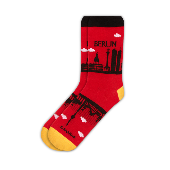 Red and black Berlin Skyline cotton crew sock with yellow toe | Stand4 Socks