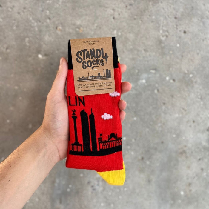 Berlin Skyline cotton crew socks in gift packaging | Stand4 Socks buy one, give one to someone homeless