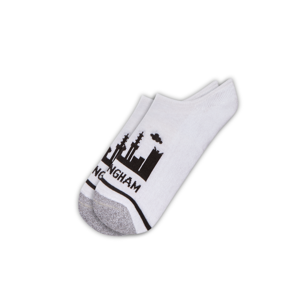 White Birmingham Skyline no-show sock with black landmarks and grey trim | Stand4 Socks