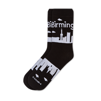 Black Birmingham Skyline cotton crew sock with white city landmarks | Stand4 Socks