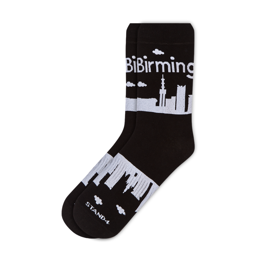 Black Birmingham Skyline cotton crew sock with white city landmarks | Stand4 Socks